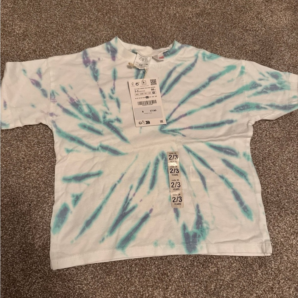 Zara White and Blue Short Sleeve Tee